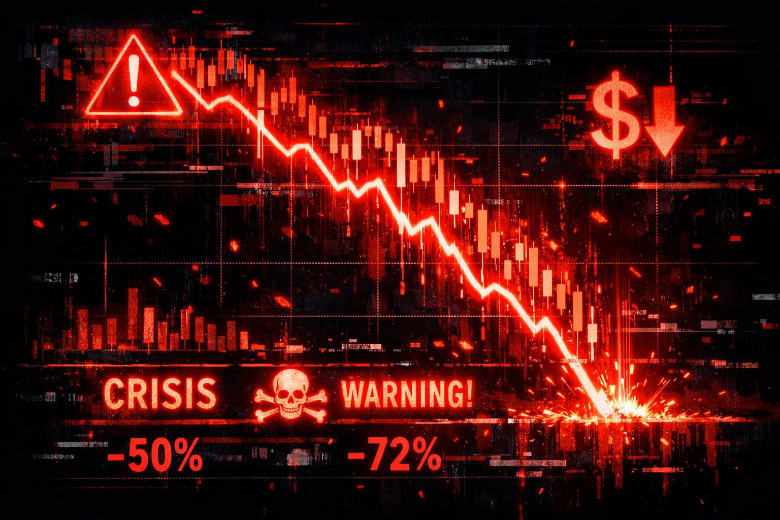 Red market crash warning graphic showing a sharp collapse