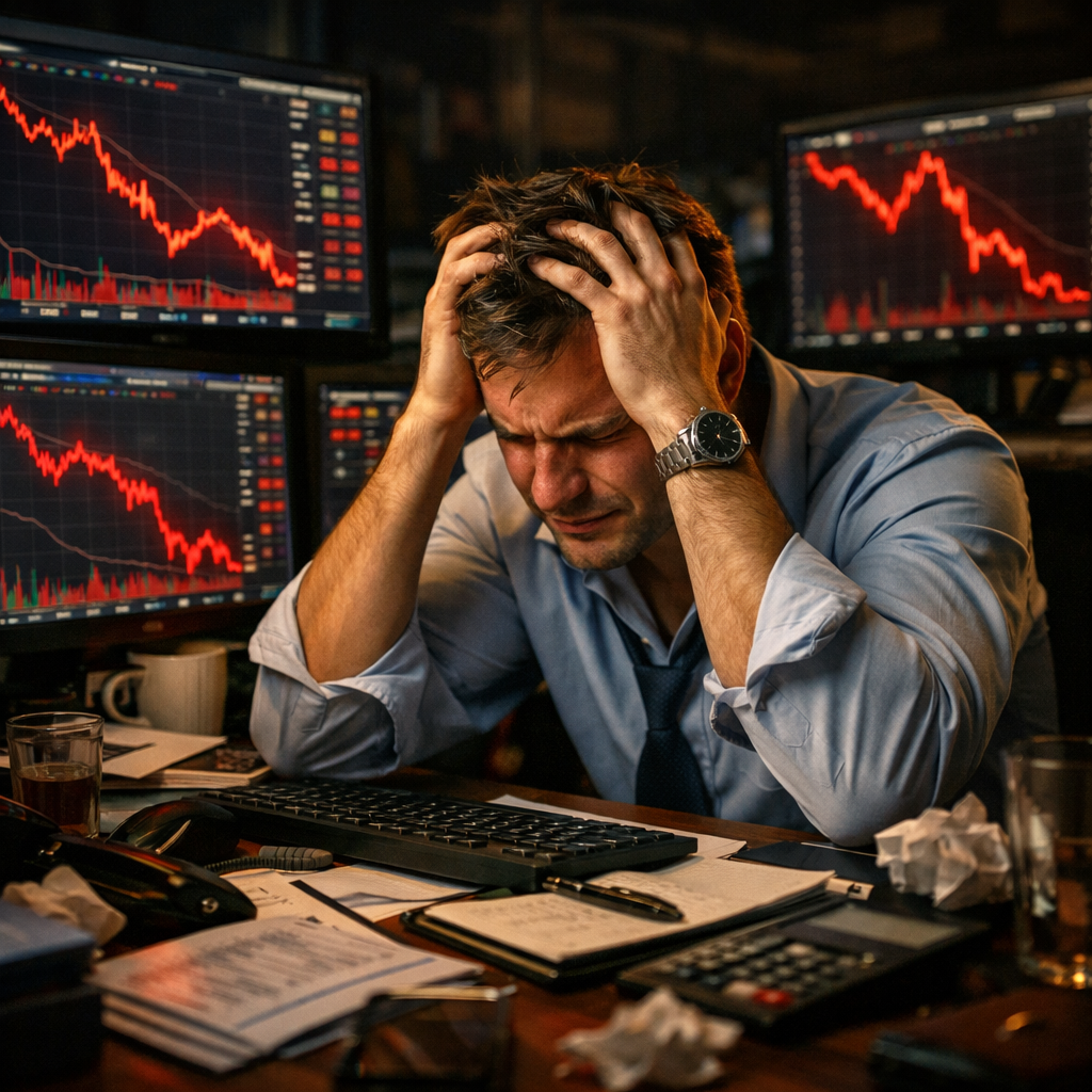 Stressed trader overwhelmed by crashing charts